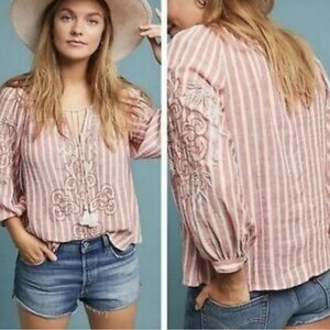 Anthropologie Pink Striped Embroidered Blouse